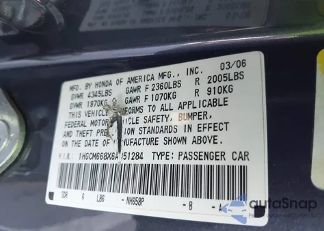 2006 Honda Accord 3.0 Ex из США, поврежденный, VIN 1HGCM668X6A051284